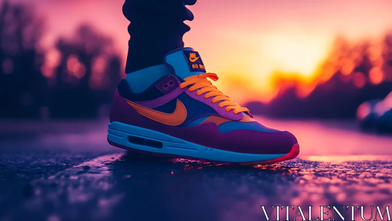 Vibrant sneaker close-up dramatized by neon sunset bokeh light