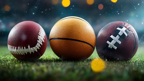 Three sports balls on grass under stadium style lighting.