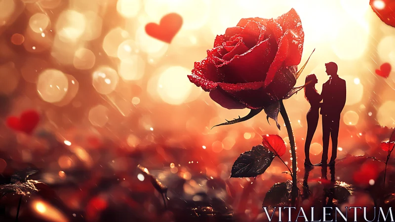Silhouetted Couple Beneath Monumental Rose in Golden Bokeh.