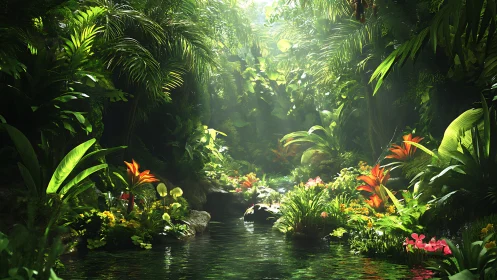 Luminous rainforest creek in dense tropical foliage rendering.