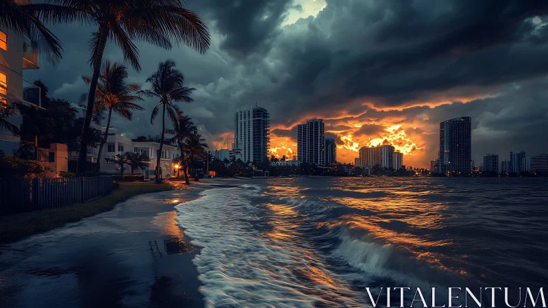 Moody beachfront skyline glowing under a stormy sunset sky.