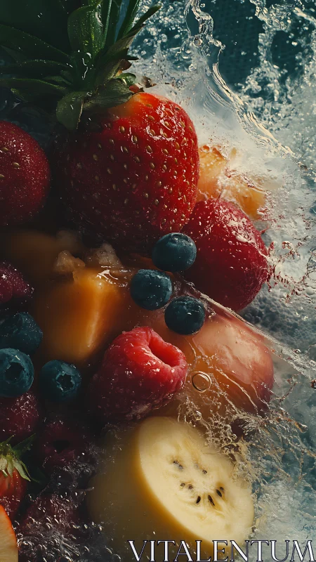 High-speed splash macro of mixed berries and sliced fruit.