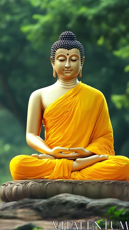Serene golden Buddha statue in meditation outdoors.