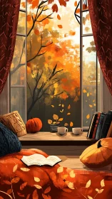 Autumn reading nook framed by window light and warm textiles