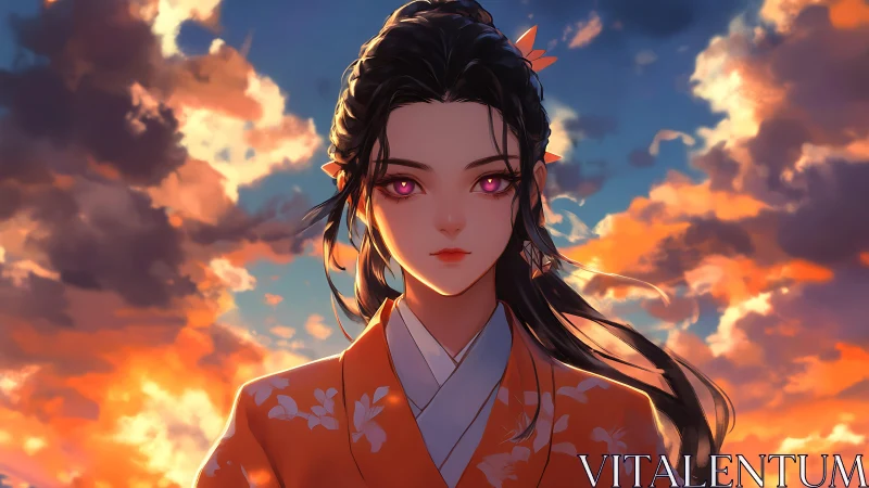 Sunset-gazed heroine in floral kimono against glowing sky.