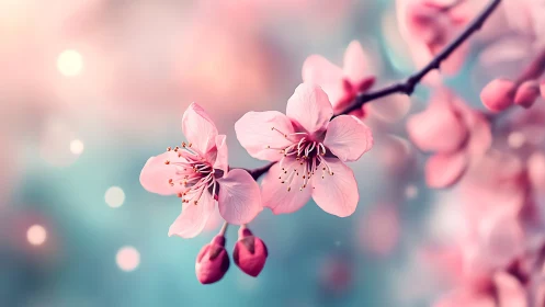 Pink blossoms with red stamens photographed against blurred turquoise background.