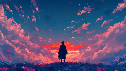 Lone anime figure studies blazing crimson sunset sky.