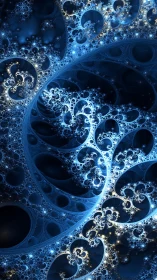Blue fractal spiral cosmos with glowing crystalline clusters.