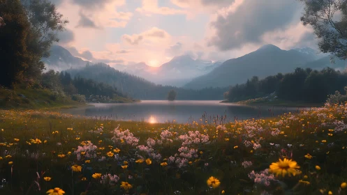 Sunlit alpine lake framed by floral meadow at atmospheric dusk