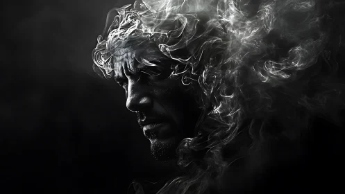 Swirling silver smoke gently unveils a thoughtful human face