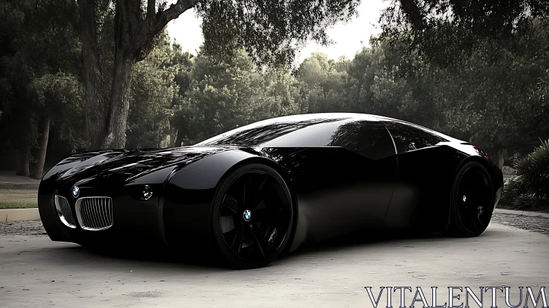 Sleek black BMW concept sports car under shaded trees.