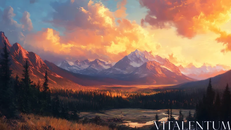 Alpine valley at sunset rendered in high-chroma digital painting