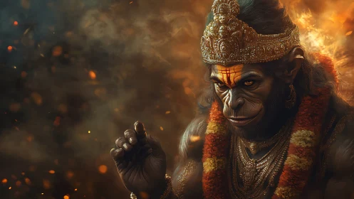Regal monkey deity gazes through swirling sparks and smoke