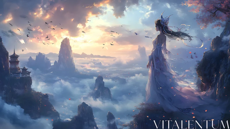 Celestial mountain deity surveying volumetric cloud sea horizon.