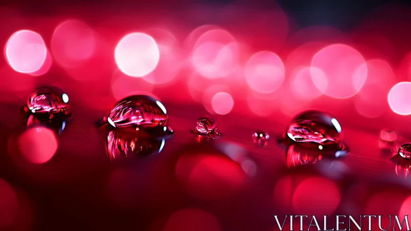 Macro droplets rest on reflective surface under crimson bokeh