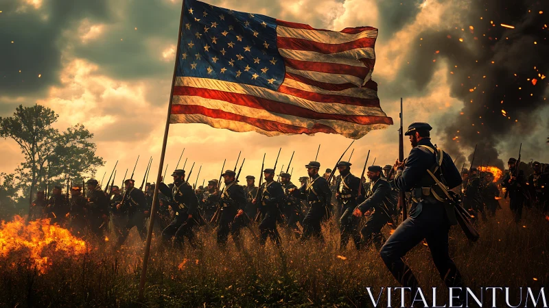 Union soldiers advance beneath tattered flag through fire