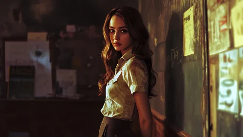 Young woman stands in dim classroom, lit by warm sunset