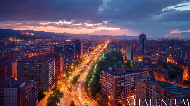 Twilight city boulevard with glowing traffic corridor.