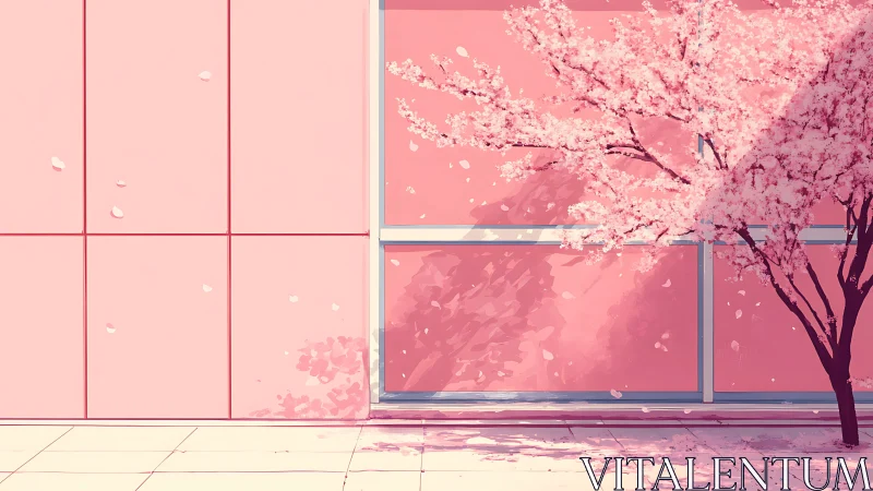 Digital painting of cherry tree against modular pink facade.