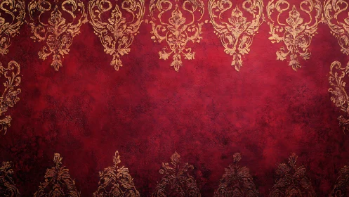 Ornate gold damask crowns deep red vintage background.