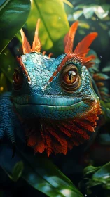 Vibrant blue jungle lizard with fiery frilled crest portrait.