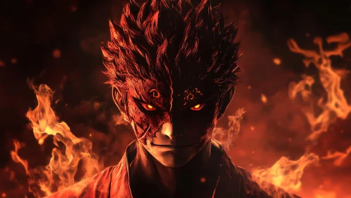 Demonic fire warrior portrait with glowing infernal eyes.