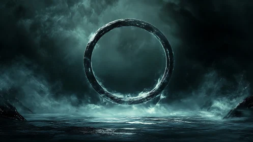 Ancient luminous ring hovers over storm-tossed dark sea.