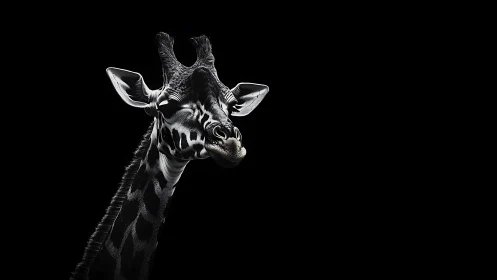 High-contrast giraffe portrait on deep black negative space.