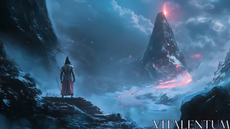 Solitary warrior studies luminescent volcanic peak in blizzard