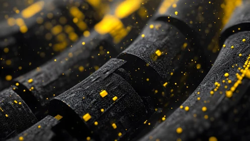 Abstract black cylinders with floating yellow particles, digital art.