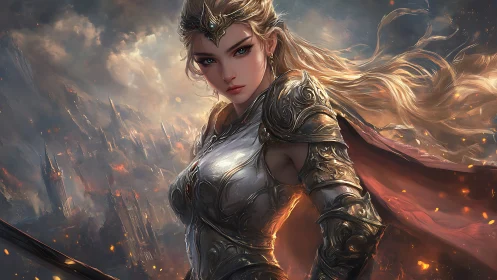 Fierce fantasy warrior princess standing in glowing armor.