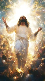 Radiant ascension amid celestial light and reverent crowd.