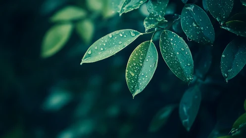 Macro foliage study captures dew-laden leaves in cool bokeh