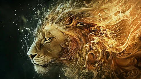 Lion profile ignites swirling golden elemental fire storm