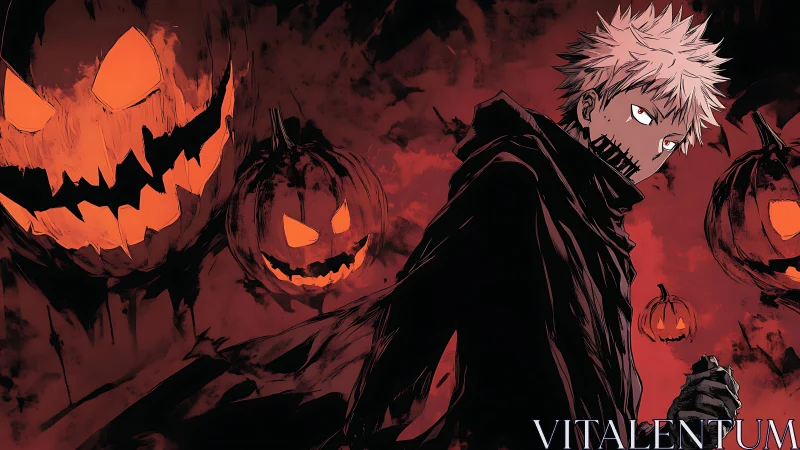 Stylized anime figure confronts ominous glowing jack-o’-lanterns