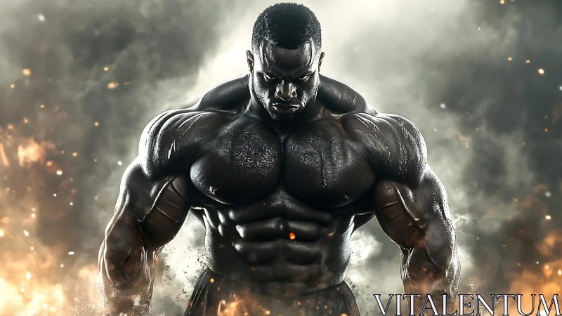 Powerful bodybuilder stands strong in a storm of glowing sparks
