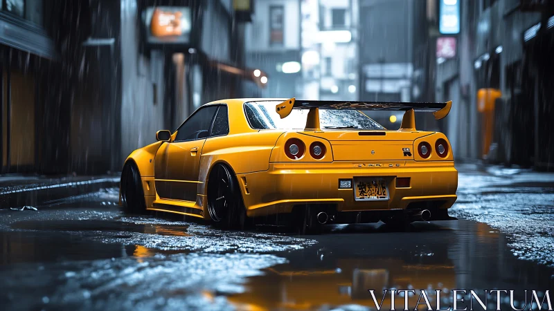 Neon-soaked skyline racer glows through rain-slick streets.