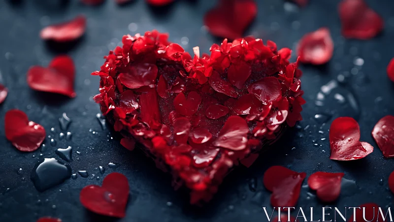 Heart-shaped object made from red petals with scattered smaller hearts