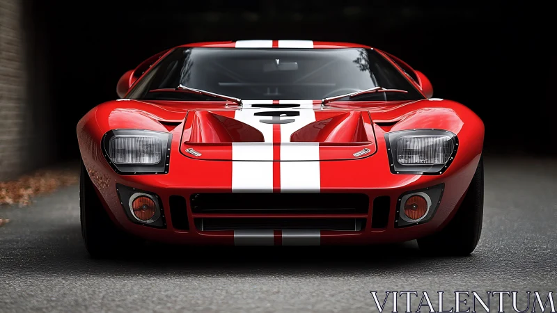 Red classic race car with bold white stripes, front view.