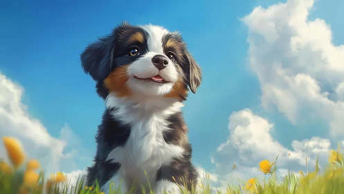 Playful tricolor puppy in sunny wildflower meadow.