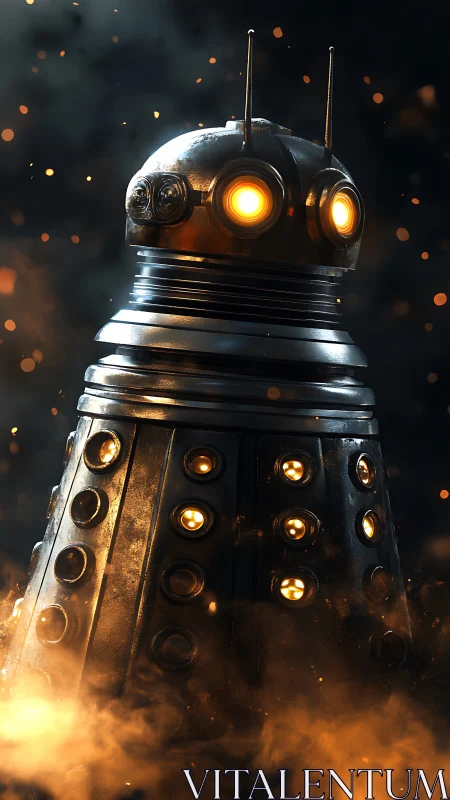 Retro sci fi robot glowing softly in swirling golden mist.