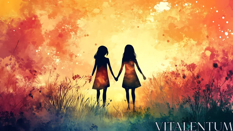 Silhouetted figures holding hands in luminous landscape terrain.