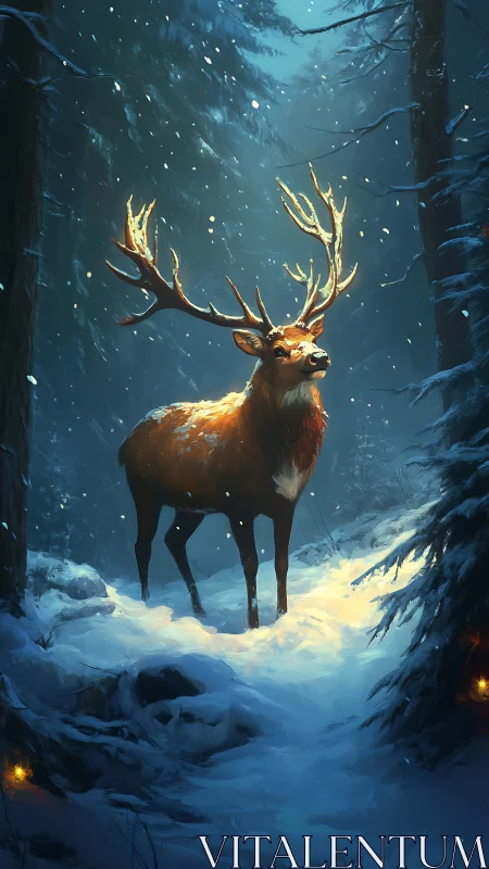 Gentle winter stag pausing in a softly glowing forest path.