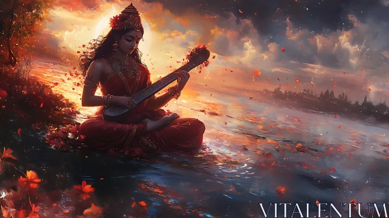 Goddess-like woman in red plays stringed lute by sunset river.