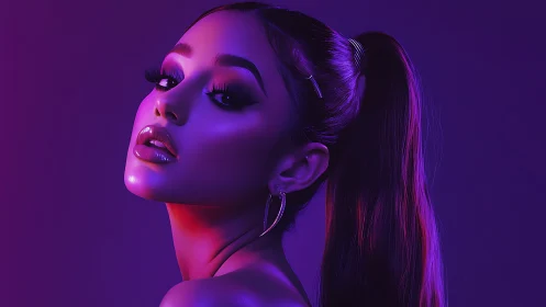 Neon lit portrait of a poised woman in bold magenta glow