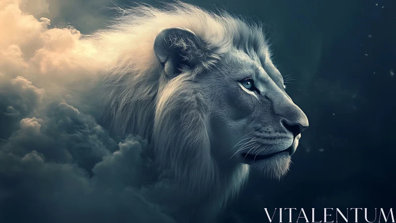 Cloud-born white lion sails through stormlit midnight sky