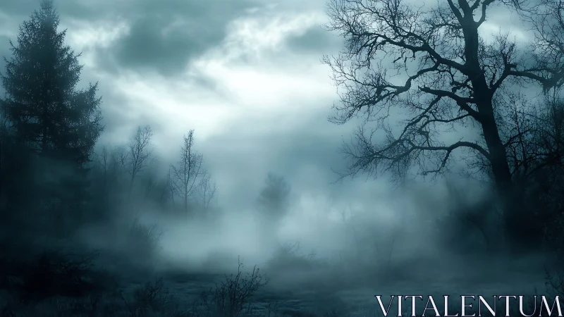 Moonlit fog braids through a haunted winter forest hush