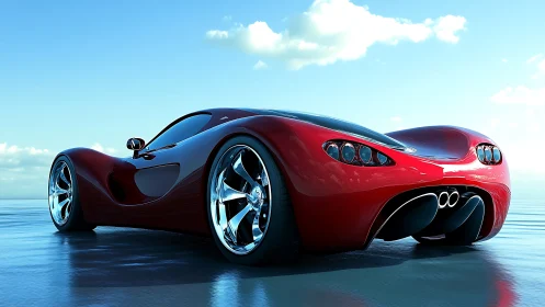 Red aerodynamic concept sports car on reflective surface.