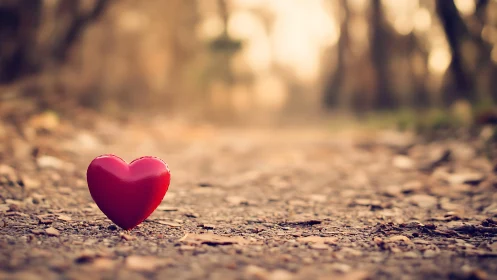 Crimson Heart Sculptural Form on Weathered Terrain with Bokeh Canopy