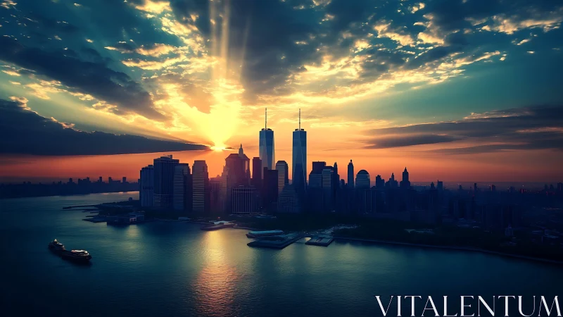 Urban waterfront skyline with sun rays behind towers.